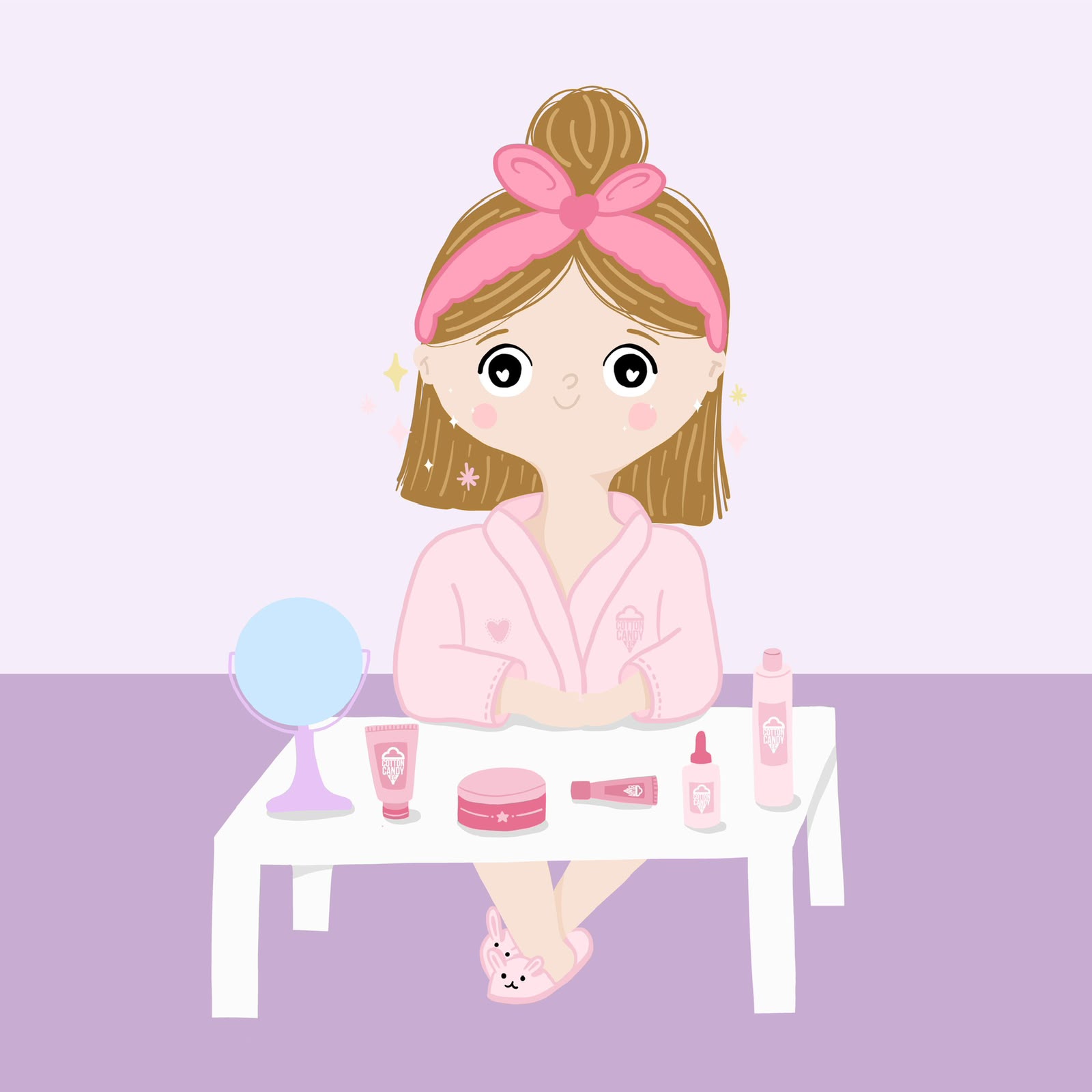 Chica de Cotton Candy en su tocador con maquillaje y productos de cuidado