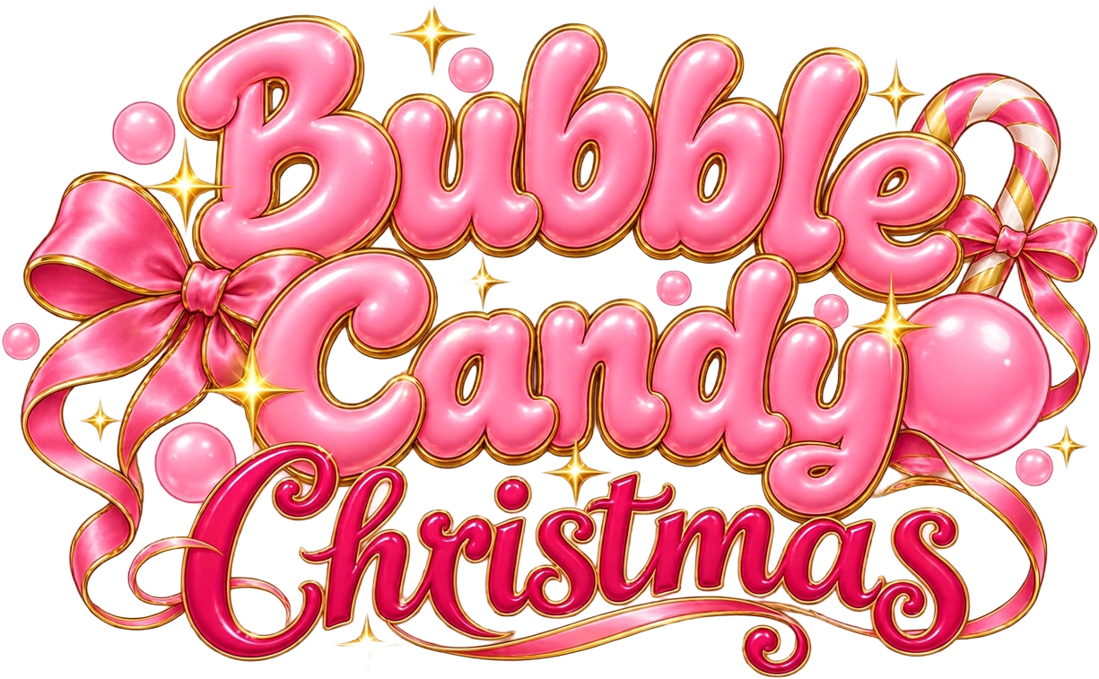 Logo de Bubble Candy Christmas con letras rosas brillantes, cinta y bastón de caramelo